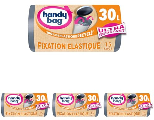 Handy Bag - Sacs poubelle fixation élastique 30L x 15 sacs - Maintient le sac en place - Ultra Résistant - Film triple épaisseur - Étanchéité maximale - 100% plastique recyclé (Lot de 4)