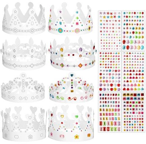 BOOMTOP 8pcs Kinder Kronen Papier Geburtstagskrone zum Malen und Basteln Papierkrone Weiß Geburtstag Partyhüte mit 6 Strasssteine Selbstklebend Glitzersteine Aufkleber für Kindergeburtstag Party