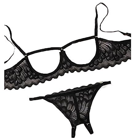 Sexy Lace Lingerie Women Floral Strappy Bra and Panties Set Sheer Mesh Babydoll 2 Piece Push Up Underwire Bralette G-String Underwear Naughty Hollow Sleepwear for Party Outfit Valentine (Black, S)