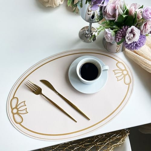 Epinki Tischset Weihnachten Natur Oval, 4er Set 30x45CM Platzdeckchen Weihnachten Abwaschbar Bowknot Hitzebeständige aus PU Leder, Tischuntersetzer Esstisch Gelb für Küche
