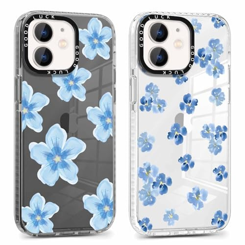 Phoona 2 Stück Handyhülle für iPhone 11 Hülle 6,1'', Aesthetic Blau Blumen Muster Design Weiche TPU Ultra Dünn Transparent Schwarz Silikon Schutzhülle Kratzfeste Stoßfest Bumper Case für Mädchen