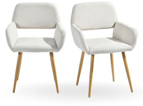Homy Casa Dining Chairs Set of 2 Beige Fabric Upholstered Desk Chairs with Arms and Metal Legs for Home Study,Living room, Kitchen,Dining Room, Beige & Oak legs
