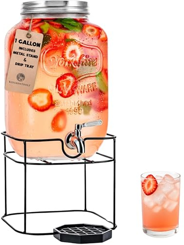 Gallon Glass Beverage Dispenser with Metal Stand – Stainless Steel Spigot, Metal Lid, and Drip Tray – Classic Mason Jar Drink Dispenser for Iced Tea, Lemonade, and More