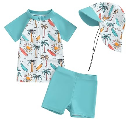 Maillot de Bain Bébé Garçon Anti UV T-Shirt Manches Courtes et Short de Bain Ensemble 3 Pièces Costume de Natation Piscine Plage (Bleu Style Hawaïen, 12-18 Months)