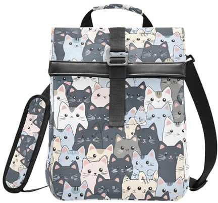 Lonchera aislada con tapa enrollable para mujeres y hombres, gatos, bonita lonchera plegable azul con tapa enrollable, bolsa térmica reutilizable con correa para el hombro