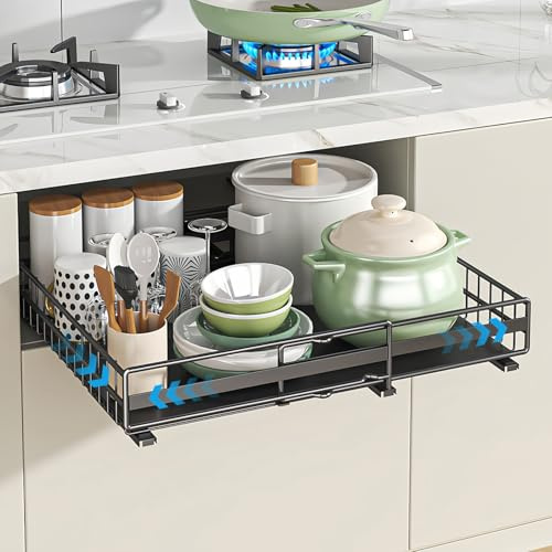 SeiriHelper Teleskopschublade Ausziehbare Küche Schublade, Auszug Nachrüsten Schubladeneinsatz, Küchen und Schrankorganizer mit Klebestreifen- Ohne Bohren (Schwarz, 31-49/39/8cm)