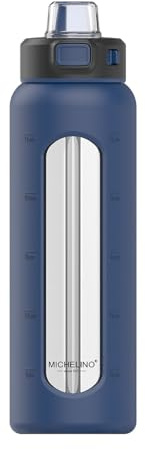 Michelino Trinkflasche To-Go 720ml – Blau | Glasflasche mit BPA-freier Gummiummantelung Autoflasche