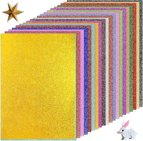 Glitter Card A4, Glitter Cardstock, 20 Coloured Sparkly Coloured Paper | 50 Pcs Craft Paper, 250gsm Thick Cards for Scrapbook, Birthday Decorations, Greeting Cards, 30 x 21cm