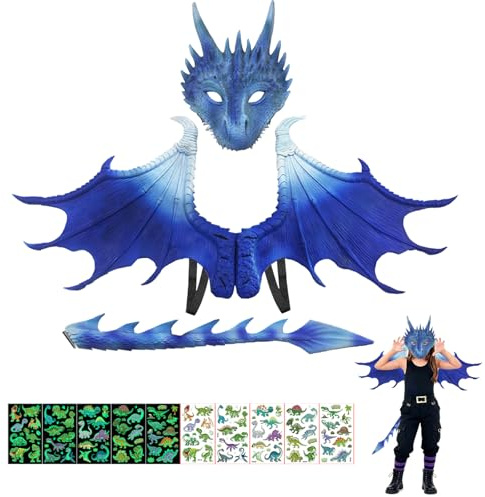 CWENDANER Costume de dragon complet pour enfants avec ailes 3D, masque et queue. Tenue de jeu de rôle dinosaure, pour garçons et filles, Halloween, carnaval, bleu