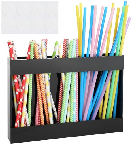 Leekeu Acrylic Straw Holder for Cupboard with Double Sided Adhesive Tape Stick on Door Straw Holder Reusable Wall Mounted Straw Rack Cabinet Kitchen Counters Black