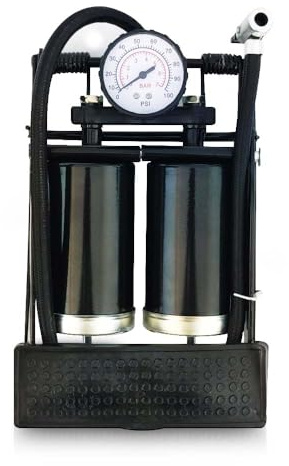 Cylinder Foot Pump for Cars, Motorbike and Bicycle Tyers - Air Inflator Pump with Analogue Air Pressure Gauge with Dual Scale Display & Smart Valve Head - Max. Pressure 100 PSI / 7 BAR (Twin)