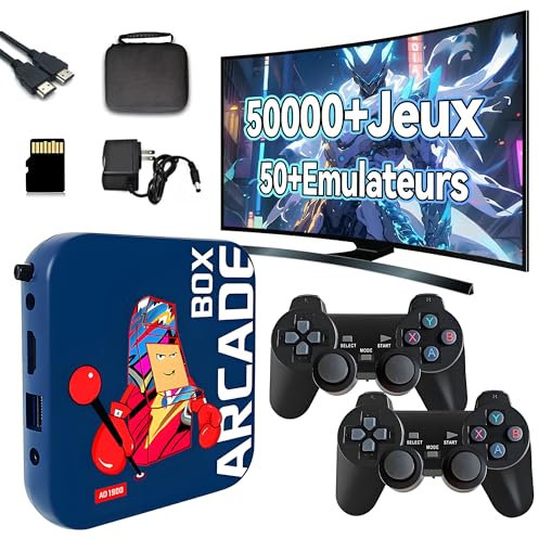 Boîte de Jeux pour Console rétro,50000+ Jeux Classiques, Plus de 50 émulateurs,4K HD système Emuelec 4.3,processeur Aigame S905X,Console d'émulation Plug and Play avec Deux manettes sans Fil(256G)