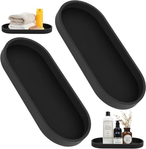 2 Pcs Black Trays for Cosmetics, Jewelry Tray Decorative Plate Bowl, Oval Black Silicone Bathroom Trays for Toiletries Makeup Vanity Dressing Table Tray(9.76x4.3x0.79 inch)
