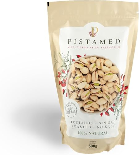 PISTAMED - Pistaches Grillées avec Coque sans Sel - Riches en Fibres - Végan et Sans Gluten - Sachet 500 g avec Fermeture Zip - Origine Espagne - Pour Pâtisserie et Restauration