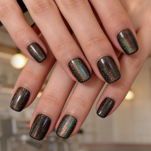 Cesujowaz Press On Nails Square Medium, Gel Press On Nails with Cat Eye Effect, False Nails Stick On Nails for Women, Black Chrome Metallic Nail Set