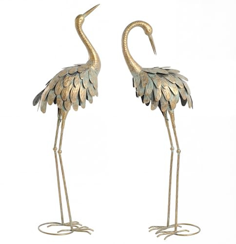 Outsunny Lot de 2 Statues de Jardin Sculpture Héron Métal 91/95cm Or/Bleu