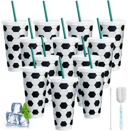 Nzkeuf 12 Pcs 710ml 24 oz Plastic Football Cups Reusable Tumbler with Lid and Straw, Football Reusable Plastic Cups Set for Coach Fan Men Women Sports Game Team Decoration (Black and White)