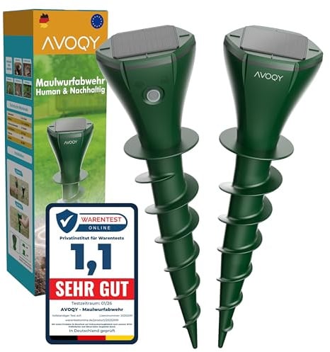 AVOQY Maulwurf Vertreiber Solar [2er Set] – Ultraschall & Vibrations Maulwurfschreck gegen Maulwürfe und Wühlmäuse, IP65 Wasserdicht, Wetterfest & Tierfreundlich für Garten und Rasen