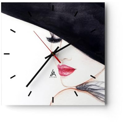 Modern Wanduhr Frau Lippen Hut Eleganz 30x30cm Quadrat Klein Wand Uhr Glas Analog Zimmeruhren Küche Büro Wohnzimmer Glasuhr Wall Clock Dekoration Design Wanddekoration Küchenuhr C3AC30x30-2947