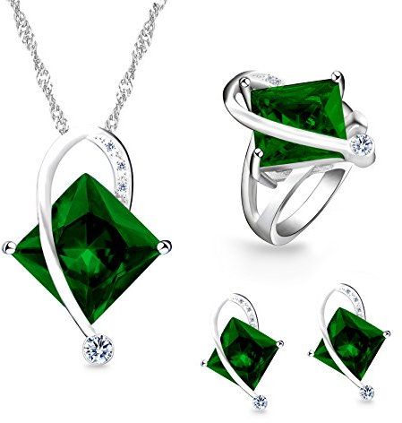 Uloveido Girls Platinum Plated Messing Grün Simulierte Square Diamond Charm Anhänger Halskette Piercing Ohrringe Solitaire Fingerringe Hochzeit Promise Schmuck Set (Grün, Größe 54) T295