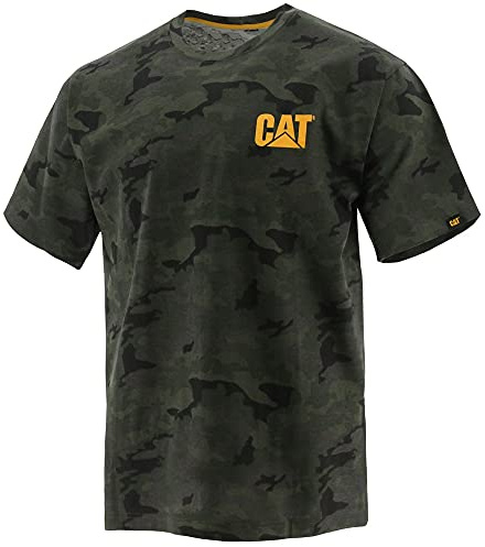 Caterpillar Trademark Men’s T-Shirts with Shape-Retention Rib Trim Spandex, Tagless Neck, and CAT Logo on Left Chest, Night Camo - Medium