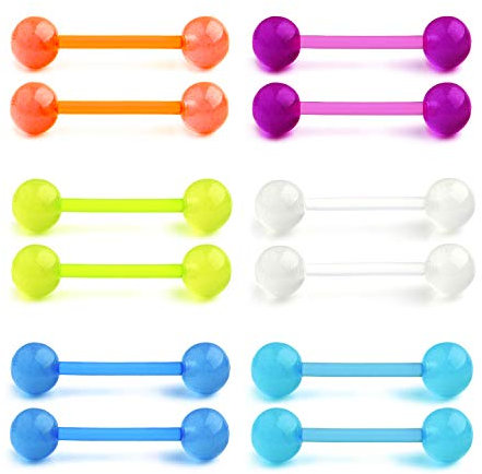 Funseedrr 6 Paar Zungenpiercing Barbell Set Bioflex Kunststoff Leuchten im Dunkeln 12/14/16/18mm Piercing Zunge
