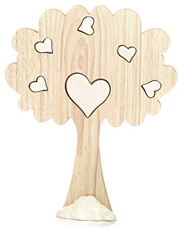 Cake Topper torta bomboniera Albero della vita e dell'amore in legno con cuori in porcellana bianca Matrimonio Comunione Cresima cm. 25