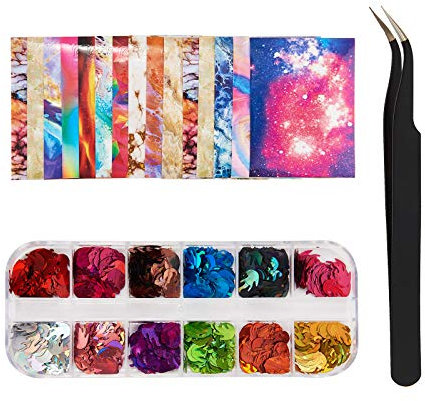 NICENEEDED Nail Art Decorations With 12 Cells Nail Art Flame Sequins And 16Pcs Flame Nail Art Stickers Decals For Art Design Makeup Diy Nail Decoration