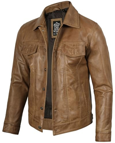 Chaqueta de piel de cordero vintage de alta calidad para hombre, chaqueta de cuero con cuello de camisa para hombre, Frnando Trucker - Chaqueta de piel amarilla, Small