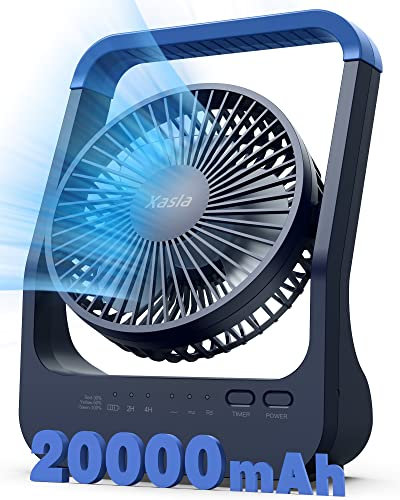 xasla Rechargeable Battery Operated Fan, 20000mAh, Portable Camping Travel Fan, 3 Speed, 360° Rotation, 2/4 hours Timer, Blue