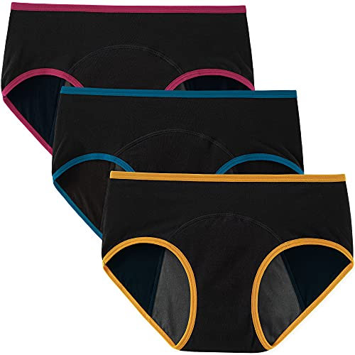 INNERSY Menstruationsunterwäsche Snuggs Waschbare Perioden Unterwäsche Hipster Damen 3er Pack (L, Buntes Schwarz)