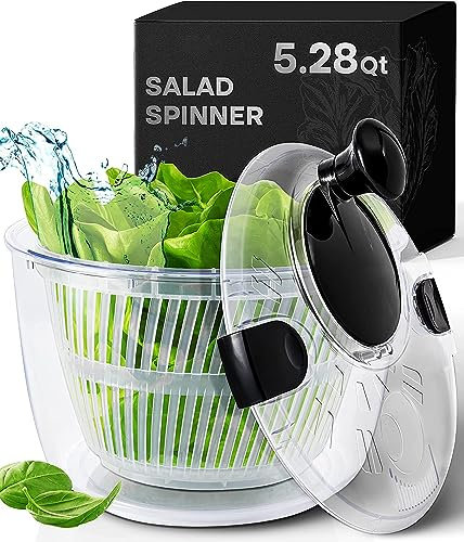 Neatness Großer Salatschleuder mit Abfluss, Schüssel und Sieb, schnell und einfach, Mehrzweck-Salatschleuder, Gemüse-Trockner, Obst-Waschmaschine, Nudel- und Pommes-Spinner, 5,28 l