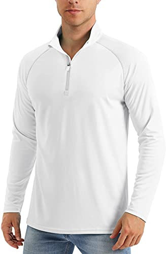 MAGCOMSEN Men's Long Sleeve Polo Shirts Gym T Shirts Quarter Zip Golf Tops Rash Guard Sun Protection UPF 50+ White, L