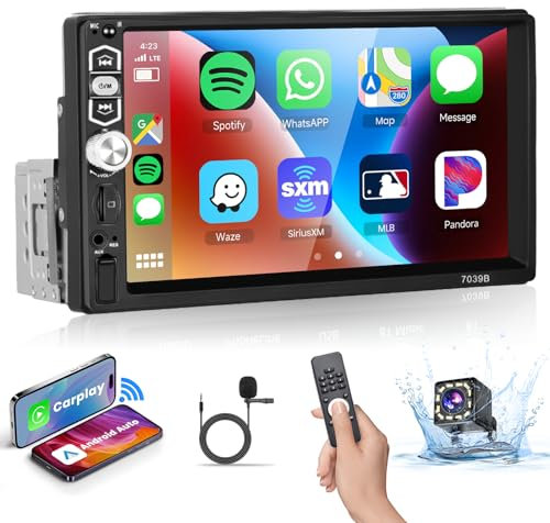 Podofo 1 DIN Radio Coche Carplay con Pantalla Táctil De 7'' Bluetooth 5.1 Android Auto Micrófono/SD/USB/Cualificador/Control del Volante Botón De 7 Colores con Cámara De Visión Trasera.