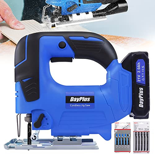 Cordless Jigsaw with Battery, Charger and 10 Saw Blades - Electric Jigsaw Tool, ±45°Bevel Cutting Angle, 4 Orbital Sets, Tool-Less Blade Change & Dust Extractor Port