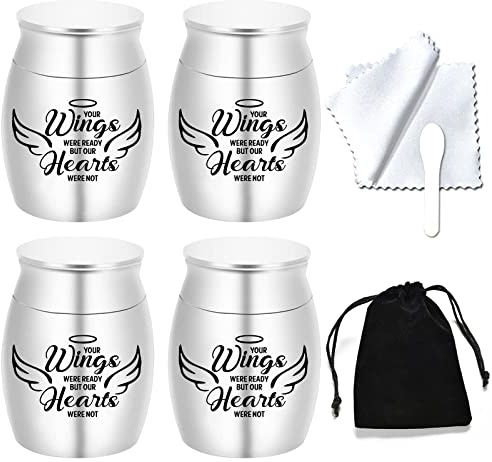 Small Keepsake Urns for Human Ashes Angel Wings Cremation Urns for Ashes 4 Piece Stainless Steel Funeral Memorial Ashes holder-Your Wings Were Ready, But My Heart Was Not (Silver 4pcs)