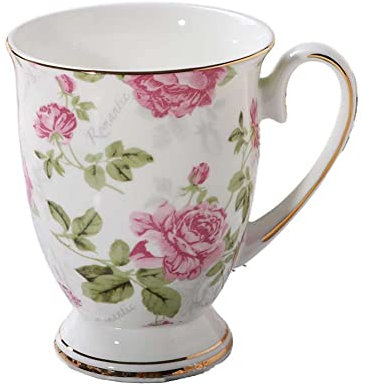 FIYSON 300ml Ceramic Coffee Cup, Camellia Patterned Bone China Coffee Mug with Handle, Euro Style Porcelain Tea Cup for Home Kitchen Office, Gifts for Women, Dishwasher and Microwave Safe (style 3)