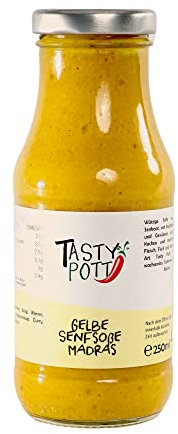 Tasty Pott Sauces I Différentes variétés I Fait à la main I Sauce au curry I Sauce à la moutarde I I Moutarde I Curry I Sauce barbecue en bouteille en verre (sauce moutarde jaune Madras 250 ml)