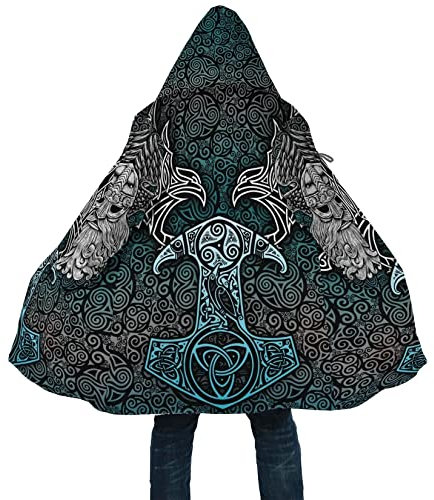 Veste extérieure coupe-vent Mjölnir 3D pour hommes Manteau coupe-vent à capuche mi-long en laine d'agneau et coton Viking Tattoo Poncho cape de sport décontracté pour l'hiver (Color : Nordic Raven,