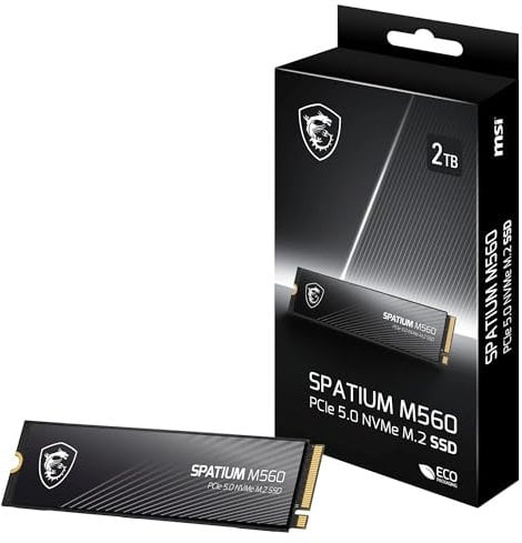 MSI SPATIUM M560 SSD 2TB - Disque SSD Interne 2 to PCIe 5.0 NVMe M.2, Lecture 10300 MB/s, Écriture 8700 MB/s, 3D NAND, Sécurité des Données Intégrée, Center - Garantie 5 Ans (1200 TBW)