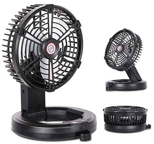 RUNTOP Portable Desk Fan, 7 Inch Battery Operated Fan, Rechargeable Fan Foldable, Camping Fan with LED Light & Hanging Hook, USB Small Table Fans for Tents Travel, Home Office Bedroom,3 Speeds