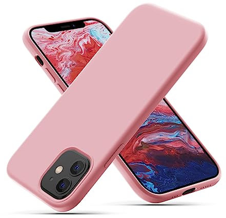 CALOOP Slim-Fit for iPhone 12/12 Pro Case,Skin Soft Liquid Silicone,Sturdy Hard Frame Shockproof Cover with Anti-Scratch Microfiber Lining,Full Protection for Screen and Lens,6.1 inch,Pastel Pink