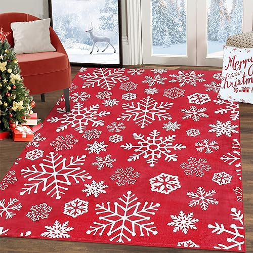 LuxFocus Boho Teppich 3x5ft für Wohnzimmer - Anti-Rutsch Weihnachten Heimdekoration Bodenmatte Indoor Modern für Küche Schlafzimmer - Schneeflocken