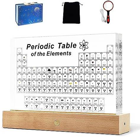 Großes Periodensystem der Elemente mit echten Elementen, 21,6 cm, Acryl-Periodensystem-Poster, beleuchteter Ständer, Basteldekoration, Lehrwerkzeug, Chemie, Geschenk für Kinder, Erwachsene, Studenten,