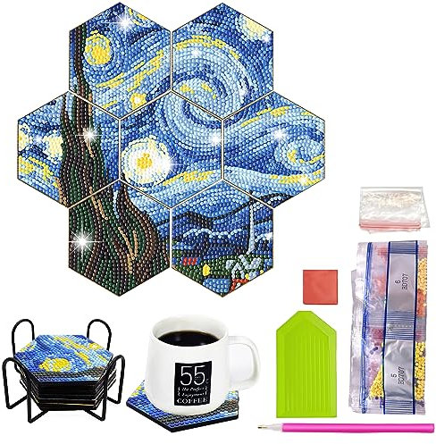 MEDOYOH 7 Stück Diamond Painting Untersetzer mit Halter, Diamant Kunst Untersetzer DIY Diamond Painting Sechseckige Tasse Matte für Erwachsene Kinder Basteln Liebhaber, Sternenhimmel Untersetzer