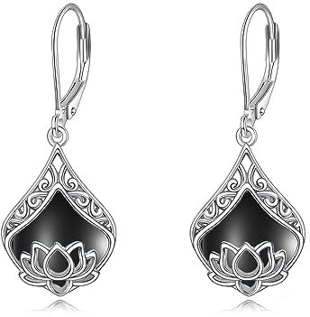 POPLYKE Lotus Blume Ohrringe 925 Sterling Silber Träne Schwarz Onyx Dangle Ohrringe für Damen Lotus Schmuck Geschenke Geburtstag