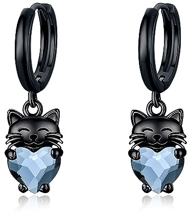 CHENGHONG Schwarze Katze 925 Sterling Silber Ohrringe, Tropfen Hängend Creolen mit Blauem Kristall, für Frauen, Muttertag, Geburtstag, Jubiläum
