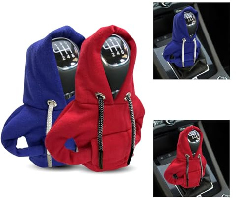 JOYCOURT 2PCS Car Gear Shift Cover, Winter Warm Fashionable Hoodie Car Shift Knob, Auto Decor Interior Accessories Shift Knob for Car, SUV, Truck (Red&Blue)