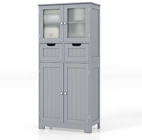COSTWAY Meuble de Salle de Bain à 4 Portes 2 Tiroirs, Colonne Salle de Bain Armoire Haute avec Étagères Réglables pour Salon, Cuisine, 30 x 60 x 128 cm, Gris