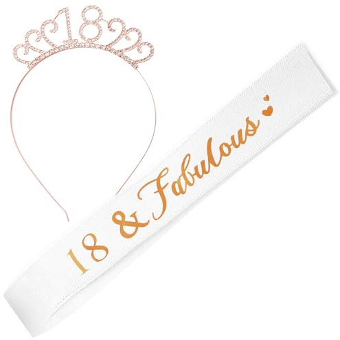 Tabanzhe Rose Gold 18 Geburtstag Schärpe und Strass Tiara Set, Geburtstagsgeschenk - Elegante Satin-Schärpe und Kristallkrone für Mädchen und Frauen, Komplette 18 Geburtstag Party Dekorationen